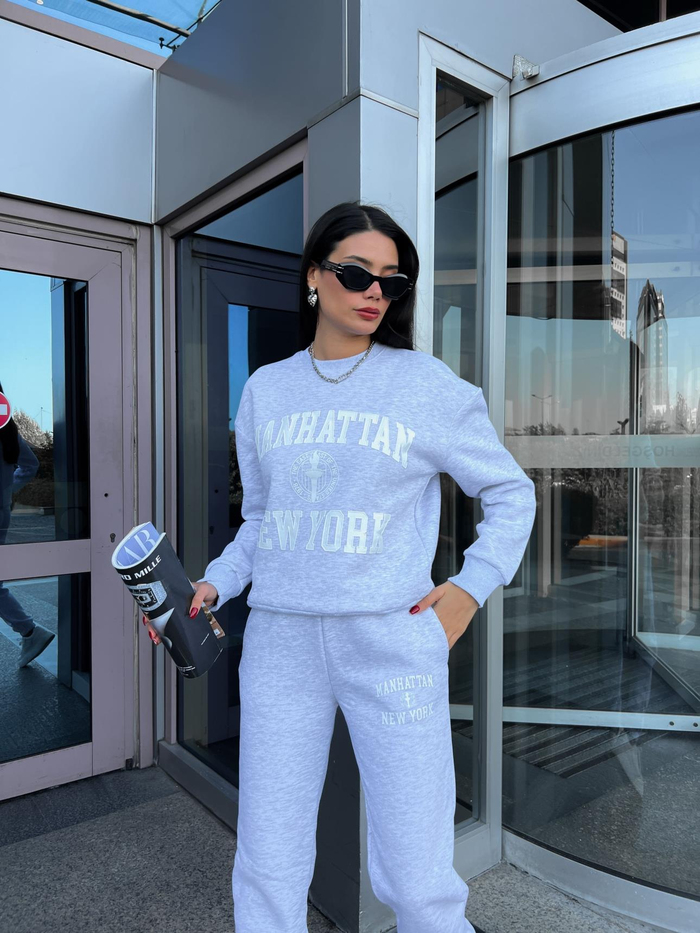 Gri Baskılı Örme Takım