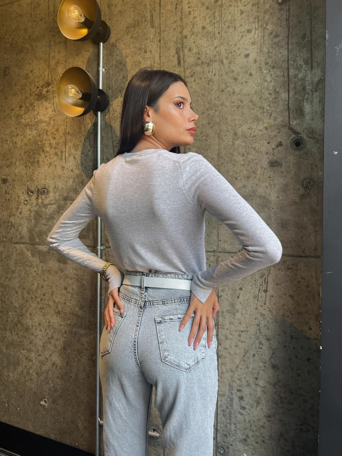 Gri  Bisiklet Yaka KNIT Kazak