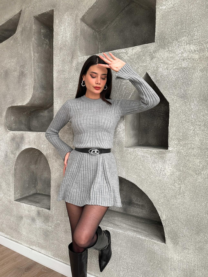 Gri Fitilli Mini Elbise