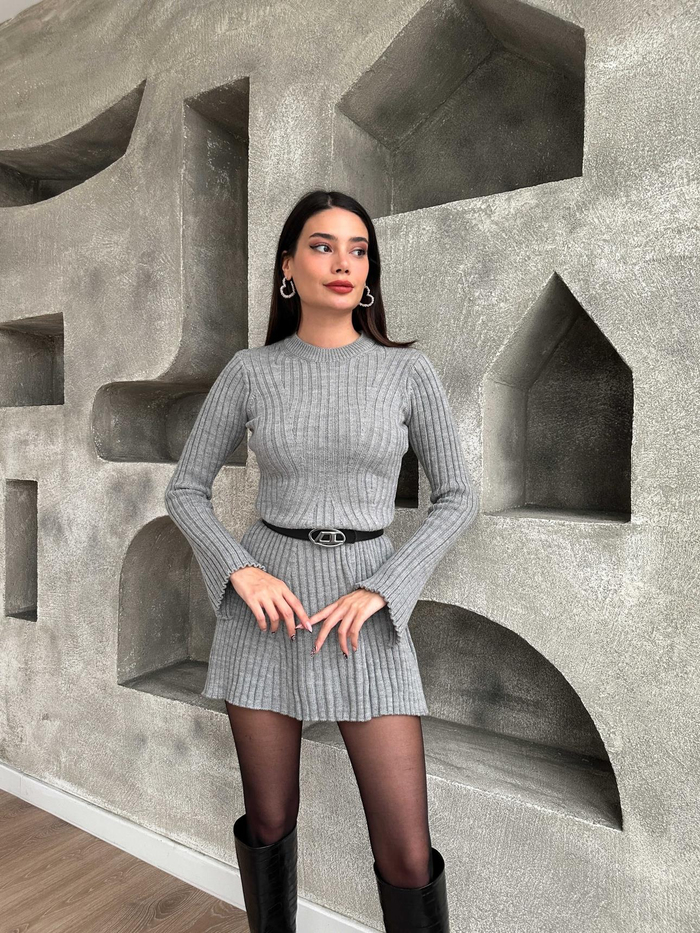 Gri Fitilli Mini Elbise