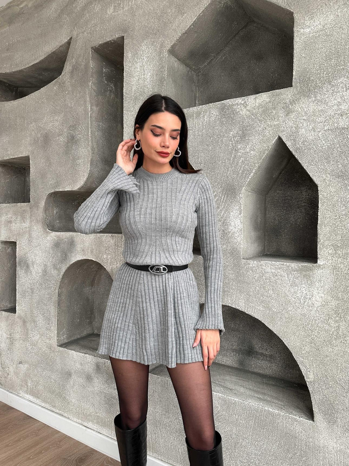 Gri Fitilli Mini Elbise