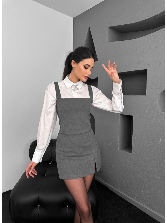 Gri Korse Görünümlü Askılı Crop Bluz