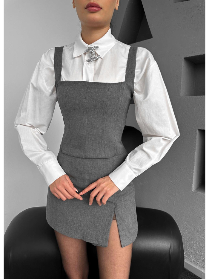 Gri Korse Görünümlü Askılı Crop Bluz