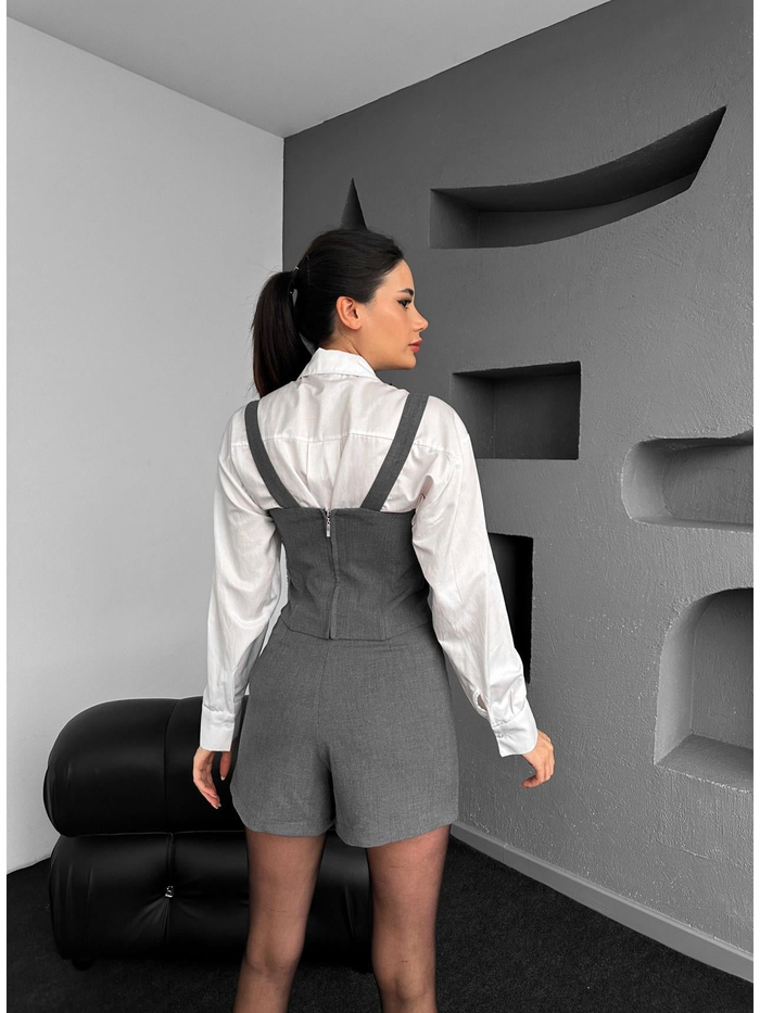 Gri Korse Görünümlü Askılı Crop Bluz