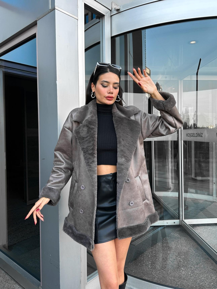 Gri Oversize Kürklü Ceket