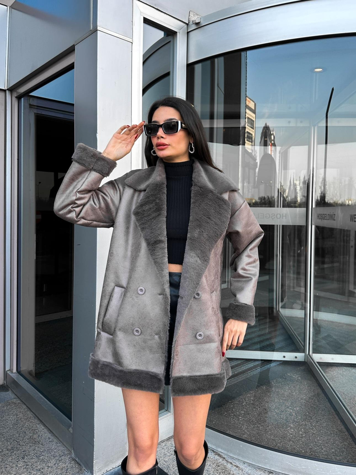 Gri Oversize Kürklü Ceket