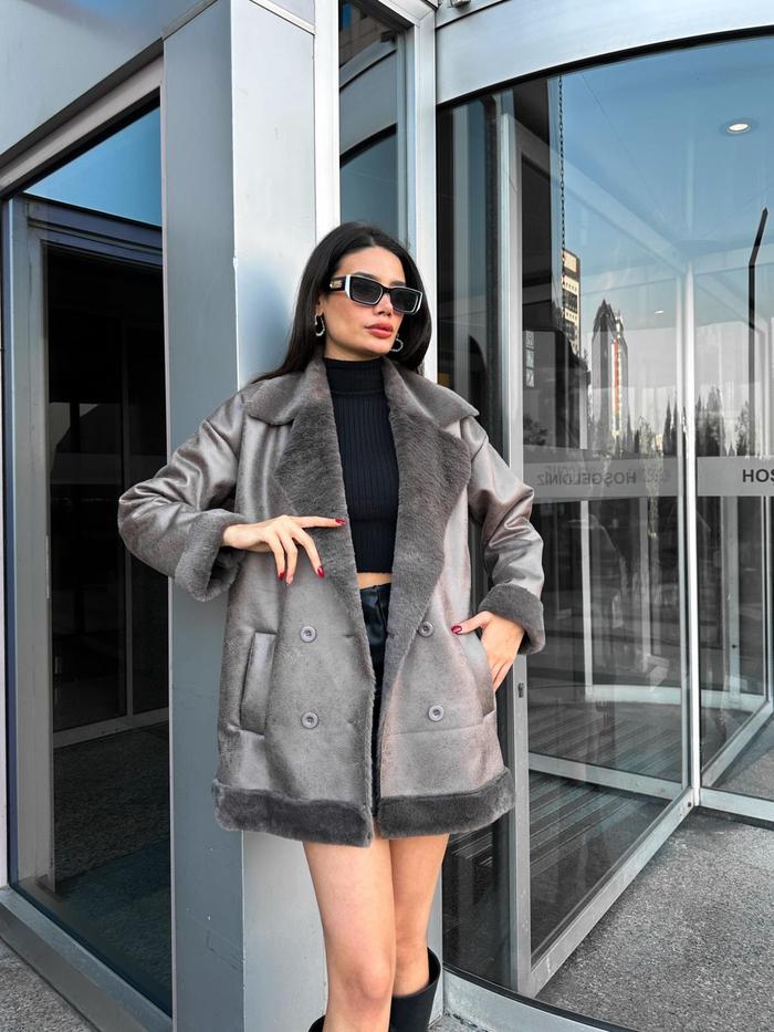 Gri Oversize Kürklü Ceket