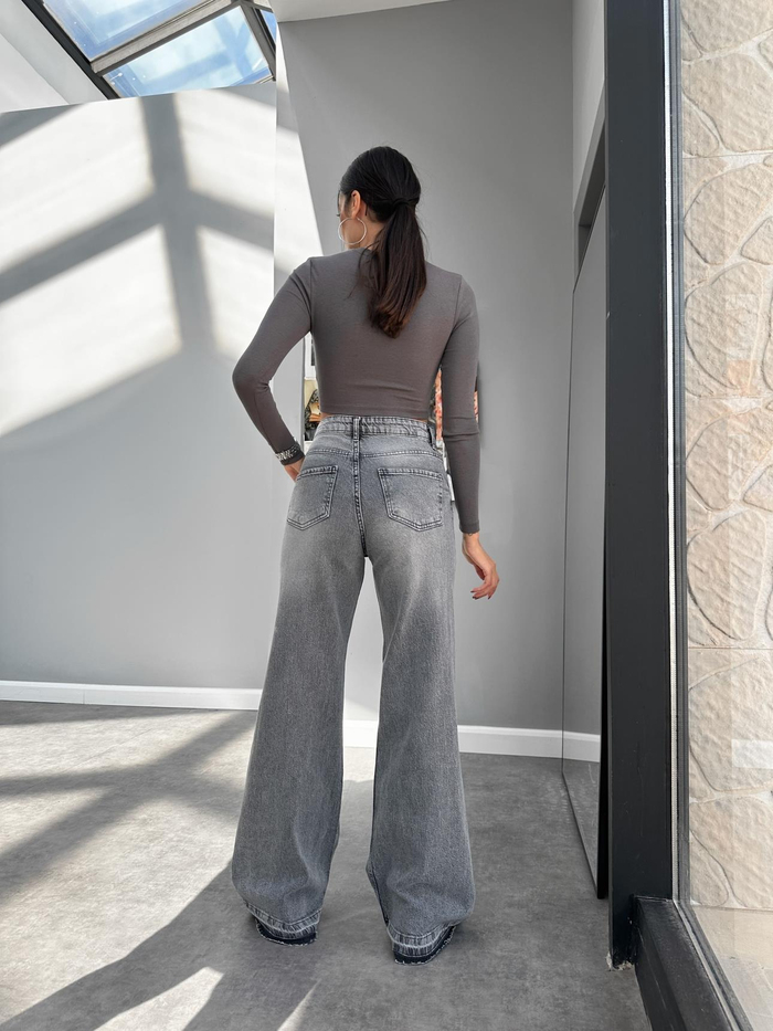 Gri Paça Püsküllü Wide Leg Jean