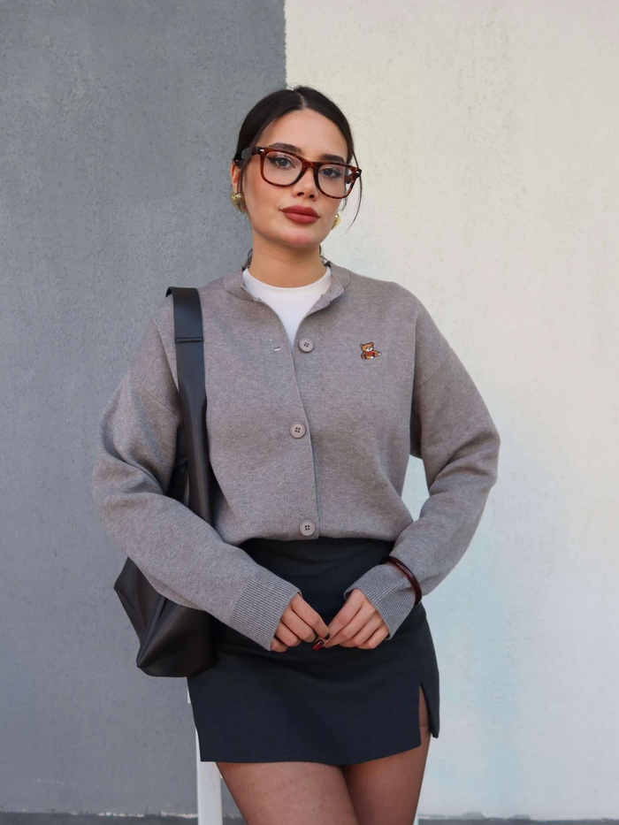 Gri Teddy Bear Nakışlı Hırka