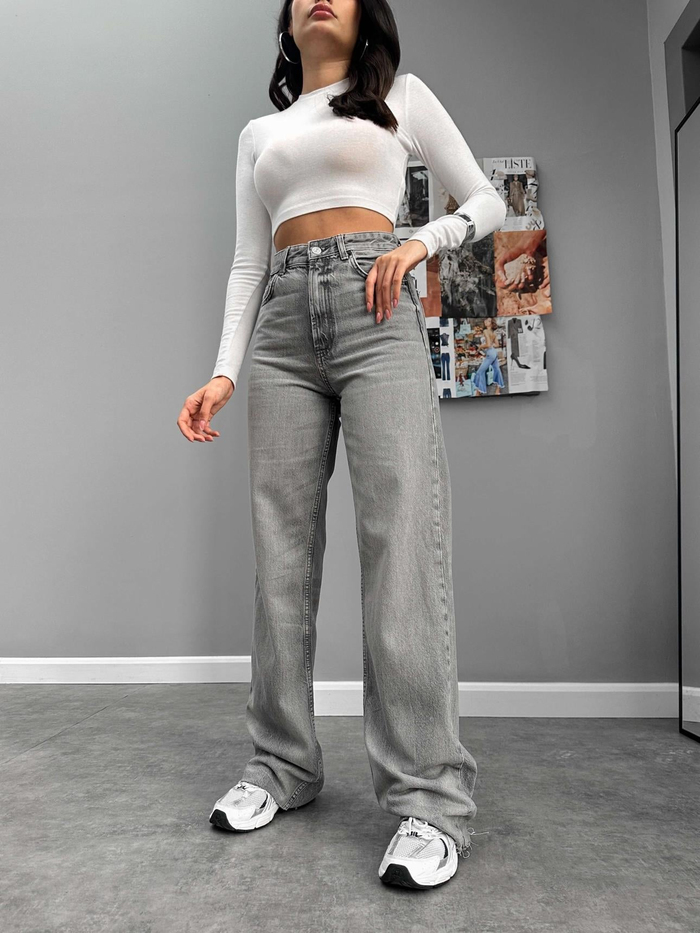 Gri Yıkamalı Wide Leg Jean