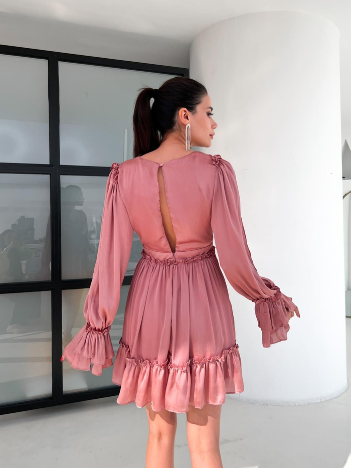 Gül Kurusu Ruffled Dekolte Elbise