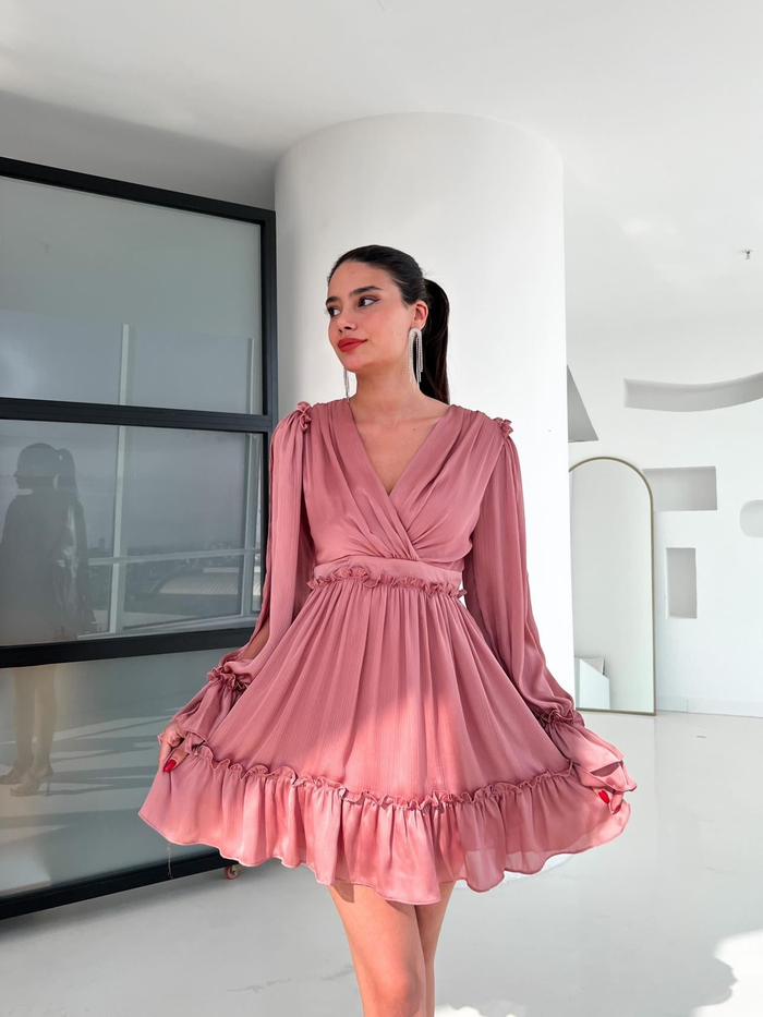 Gül Kurusu Ruffled Dekolte Elbise