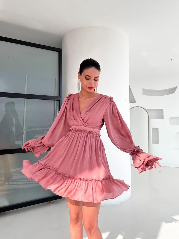 Gül Kurusu Ruffled Dekolte Elbise