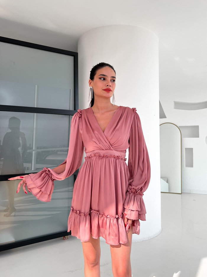Gül Kurusu Ruffled Dekolte Elbise