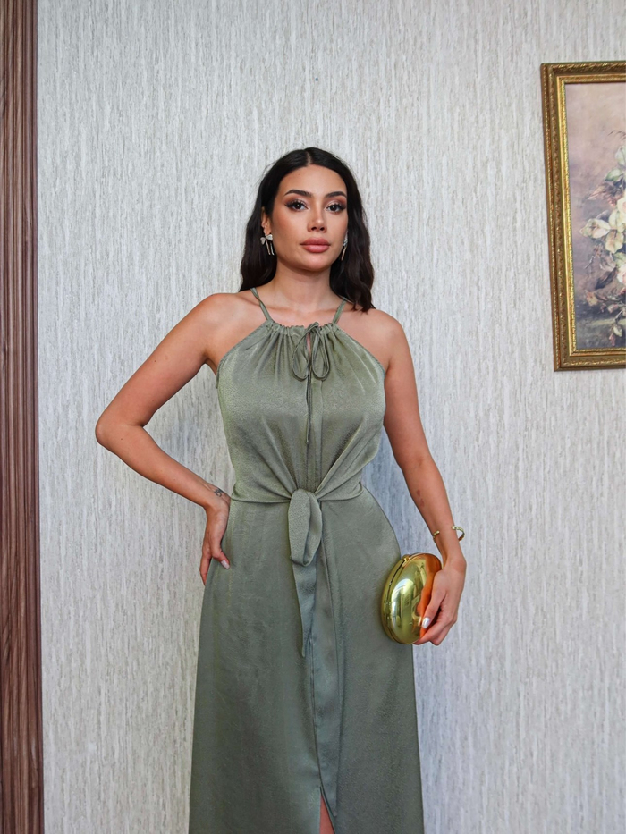 Haki Bel Bağlamalı Yırtmaçlı Elbise