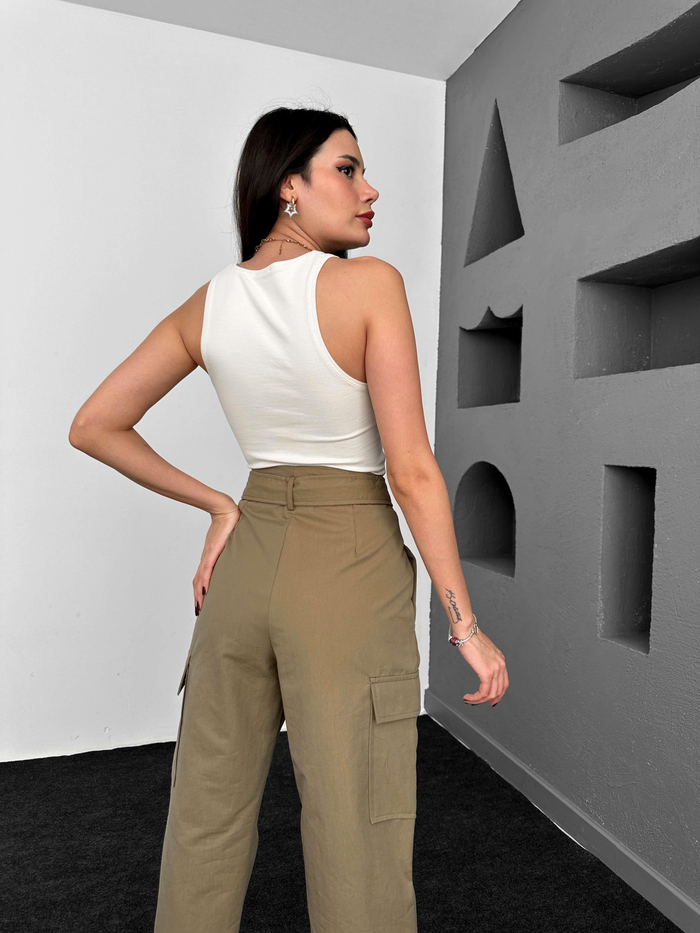 Haki Kemerli Cargo Pocket Pantolon