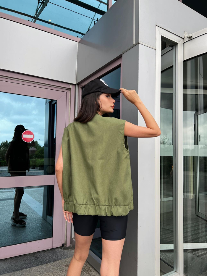 Haki Keten Oversize Yelek