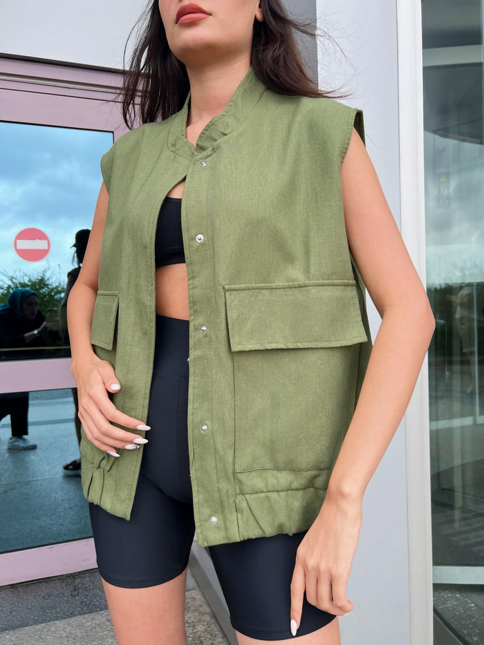 Haki Keten Oversize Yelek