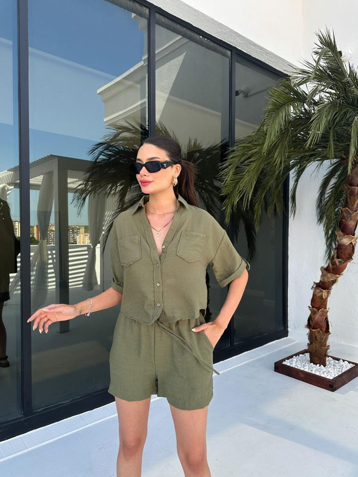 Haki Keten Şortlu Takım