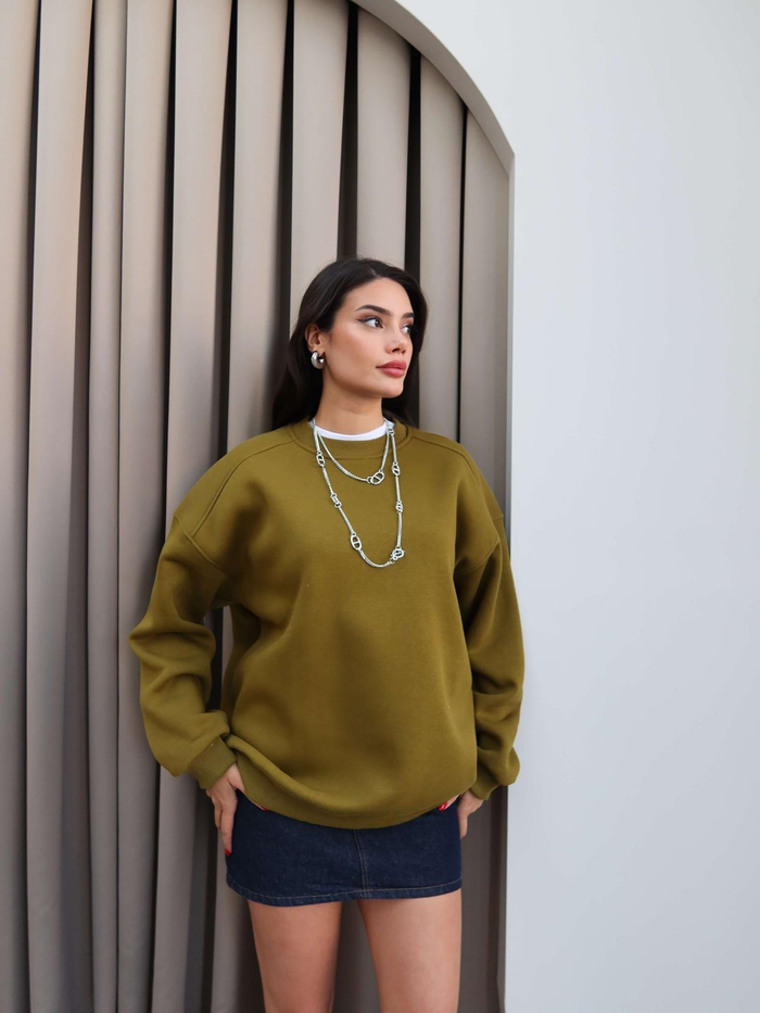 Haki Oversize Şardonlu Sweatshirt