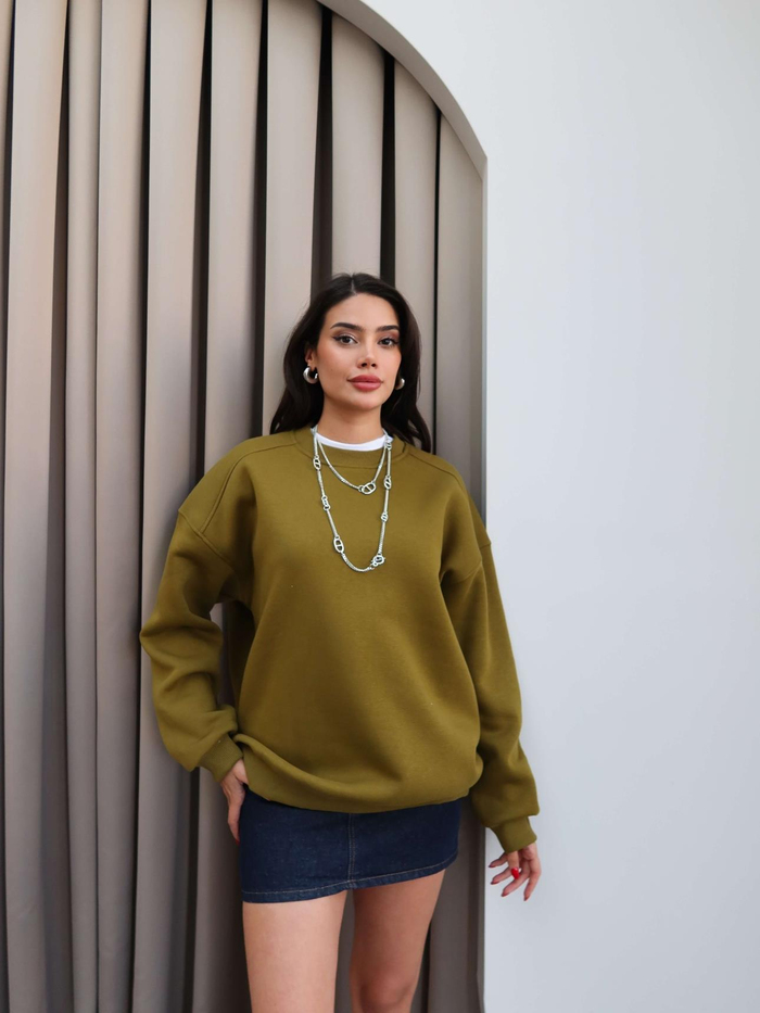 Haki Oversize Şardonlu Sweatshirt