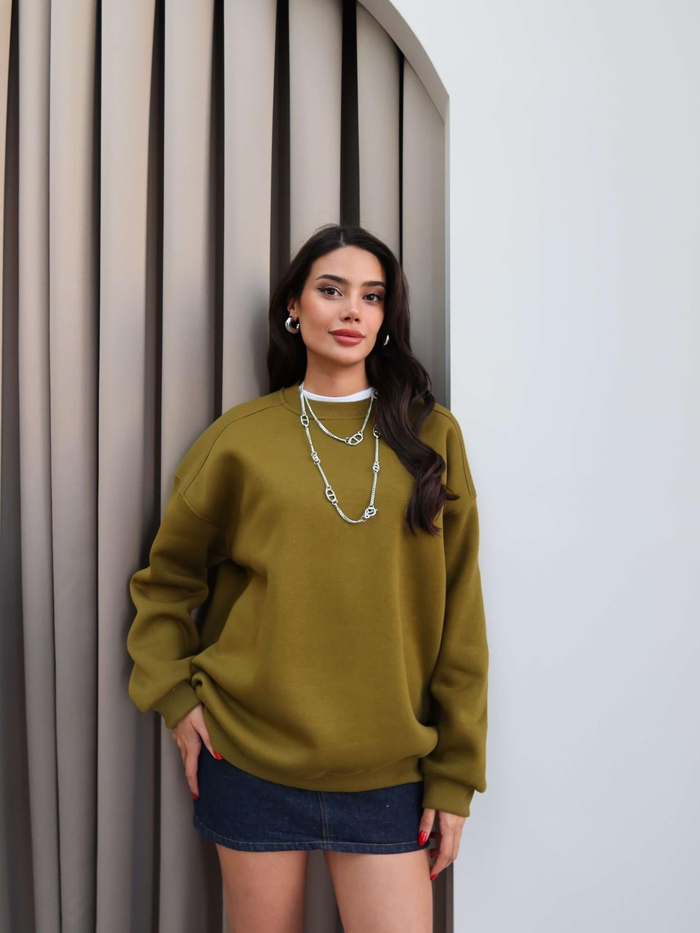 Haki Oversize Şardonlu Sweatshirt