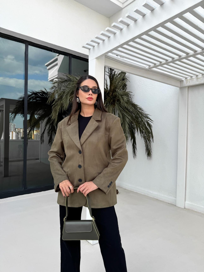 Haki Oversize Süet Blazer Ceket