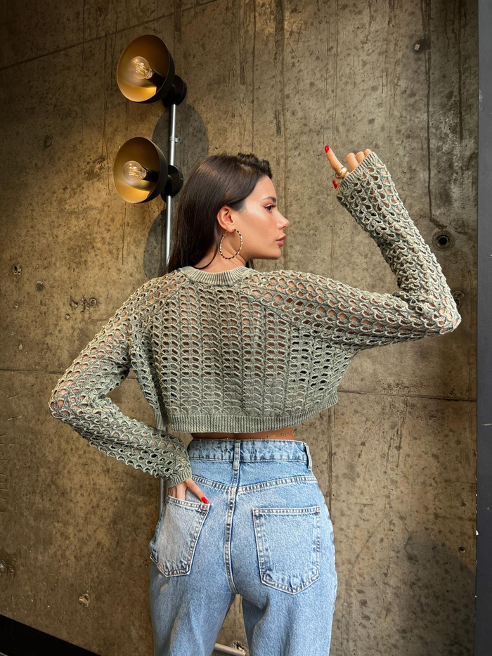 Haki Perforated Triko Kazak