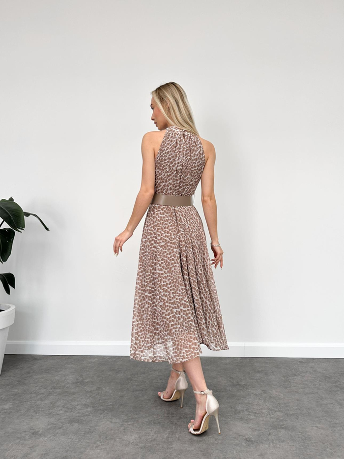Halter Dalmaçya Desenli Kloş Midi Elbise