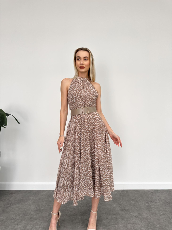 Halter Dalmaçya Desenli Kloş Midi Elbise