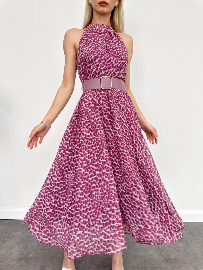 Halter Dalmaçya Desenli Kloş Midi Elbise