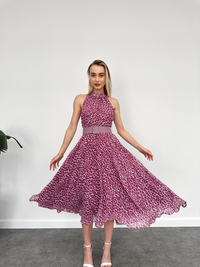 Halter Dalmaçya Desenli Kloş Midi Elbise