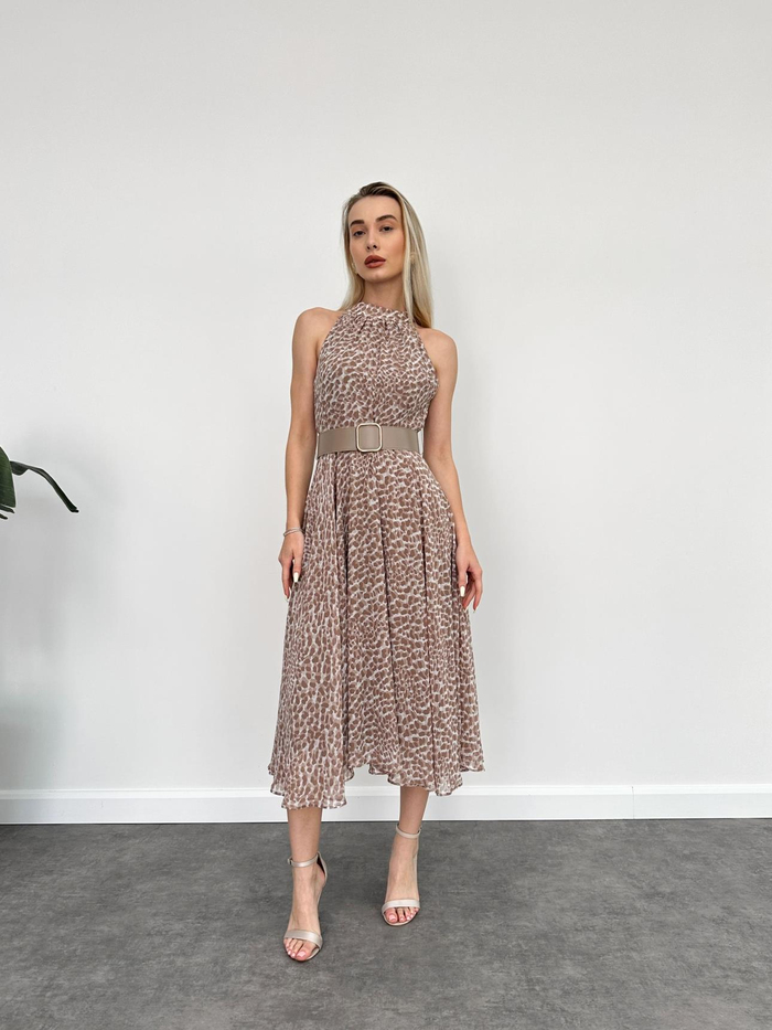 Halter Dalmaçya Desenli Kloş Midi Elbise