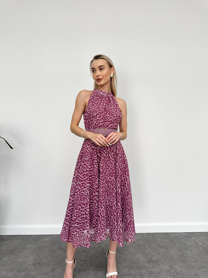Halter Dalmaçya Desenli Kloş Midi Elbise