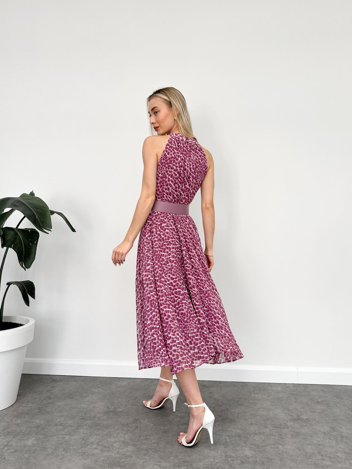 Halter Dalmaçya Desenli Kloş Midi Elbise