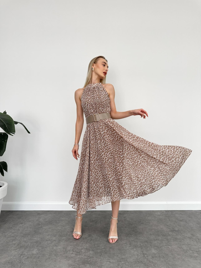 Halter Dalmaçya Desenli Kloş Midi Elbise