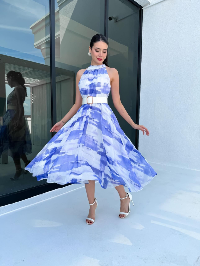 Halter Desenli Kloş Midi Elbise