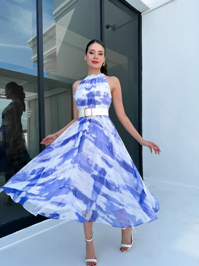 Halter Desenli Kloş Midi Elbise