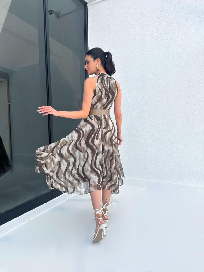 Halter Desenli Kloş Midi Elbise