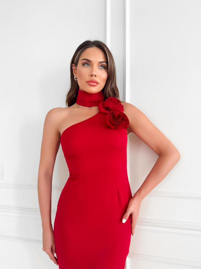 Halter Tek Omuz Çiçekli Mini Elbise