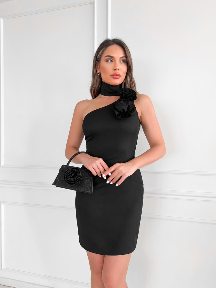 Halter Tek Omuz Çiçekli Mini Elbise