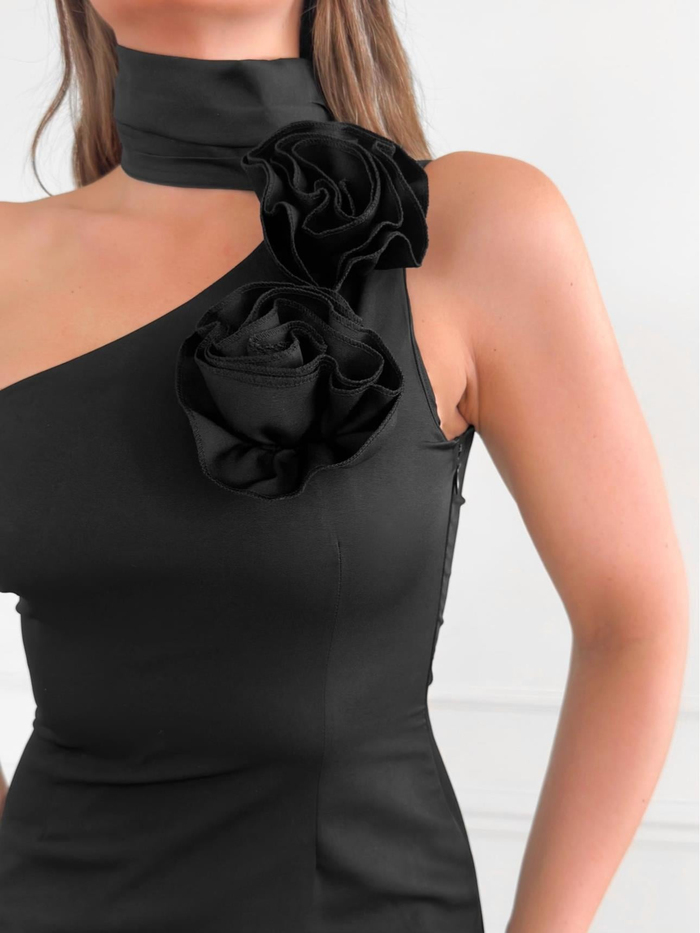 Halter Tek Omuz Çiçekli Mini Elbise