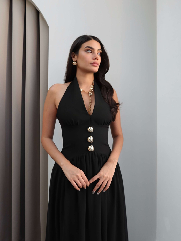 Halter Yaka Aksesuarlı Kloş Elbise
