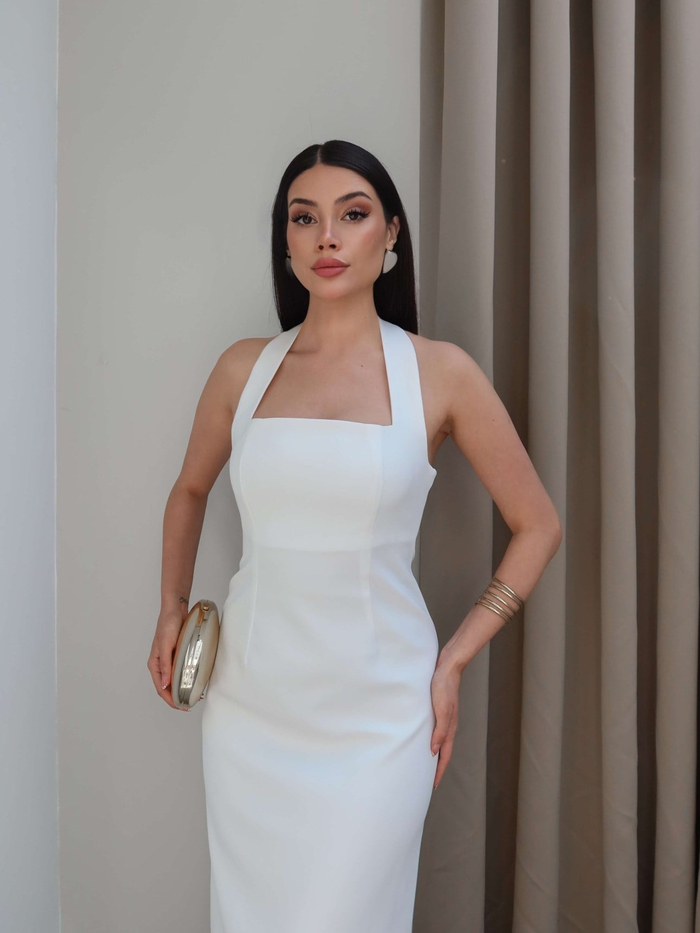 Halter Yaka Arkadan Yırtmaçlı Elbise