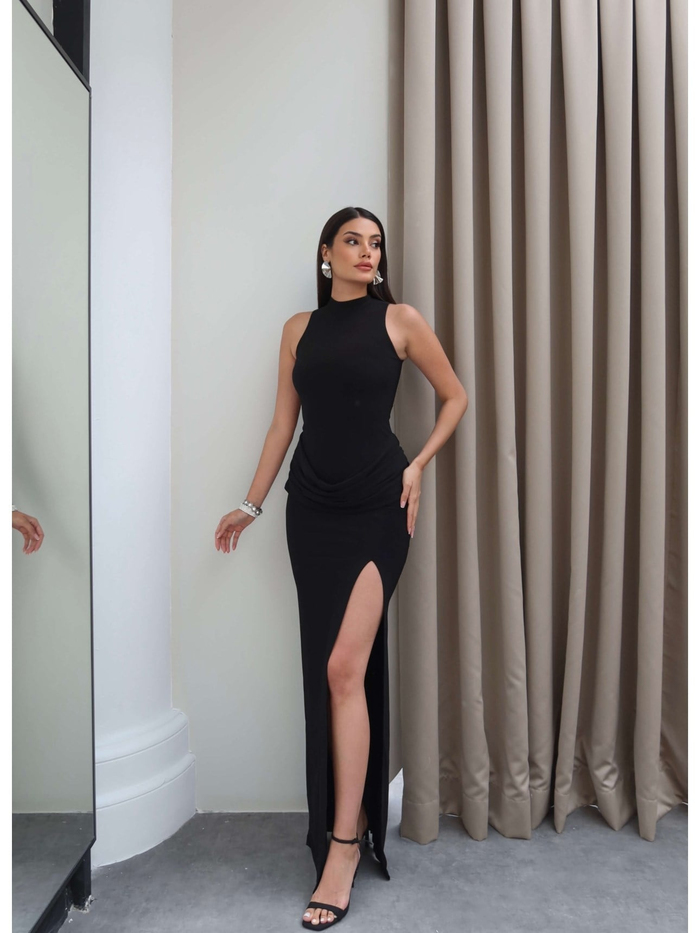 Halter Yaka Bel Drape Yırtmaçlı Elbise