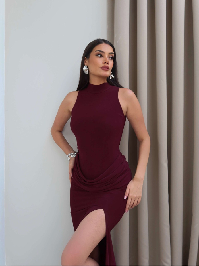 Halter Yaka Bel Drape Yırtmaçlı Elbise