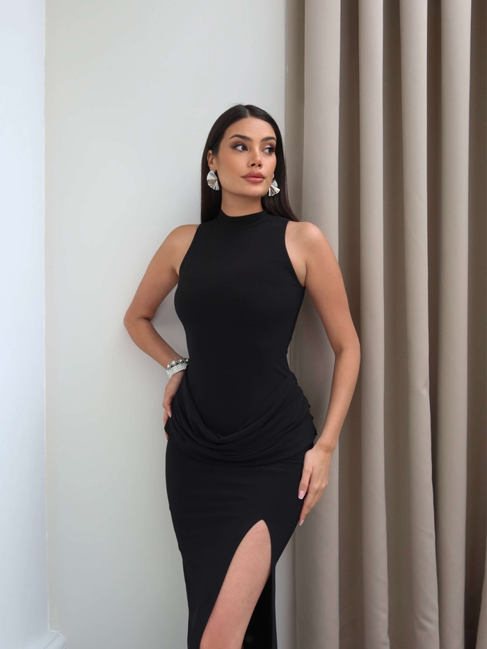Halter Yaka Bel Drape Yırtmaçlı Elbise