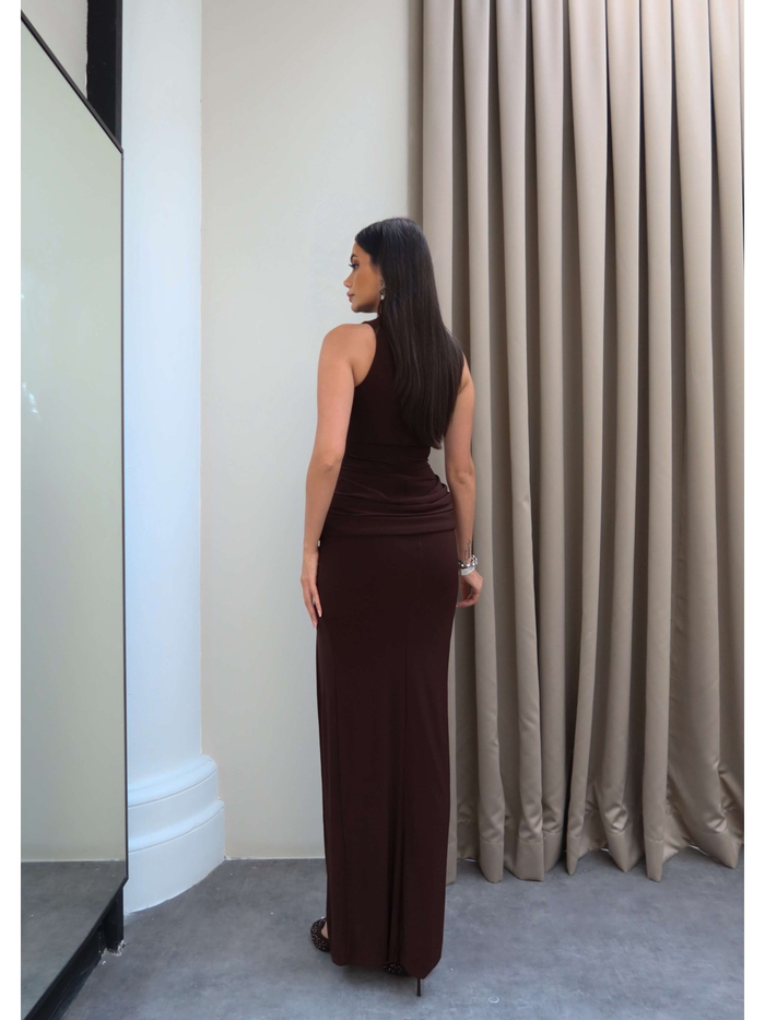 Halter Yaka Bel Drape Yırtmaçlı Elbise
