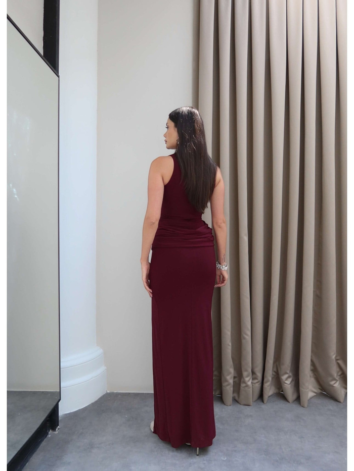 Halter Yaka Bel Drape Yırtmaçlı Elbise