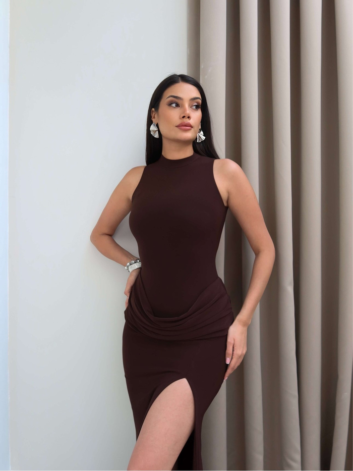 Halter Yaka Bel Drape Yırtmaçlı Elbise